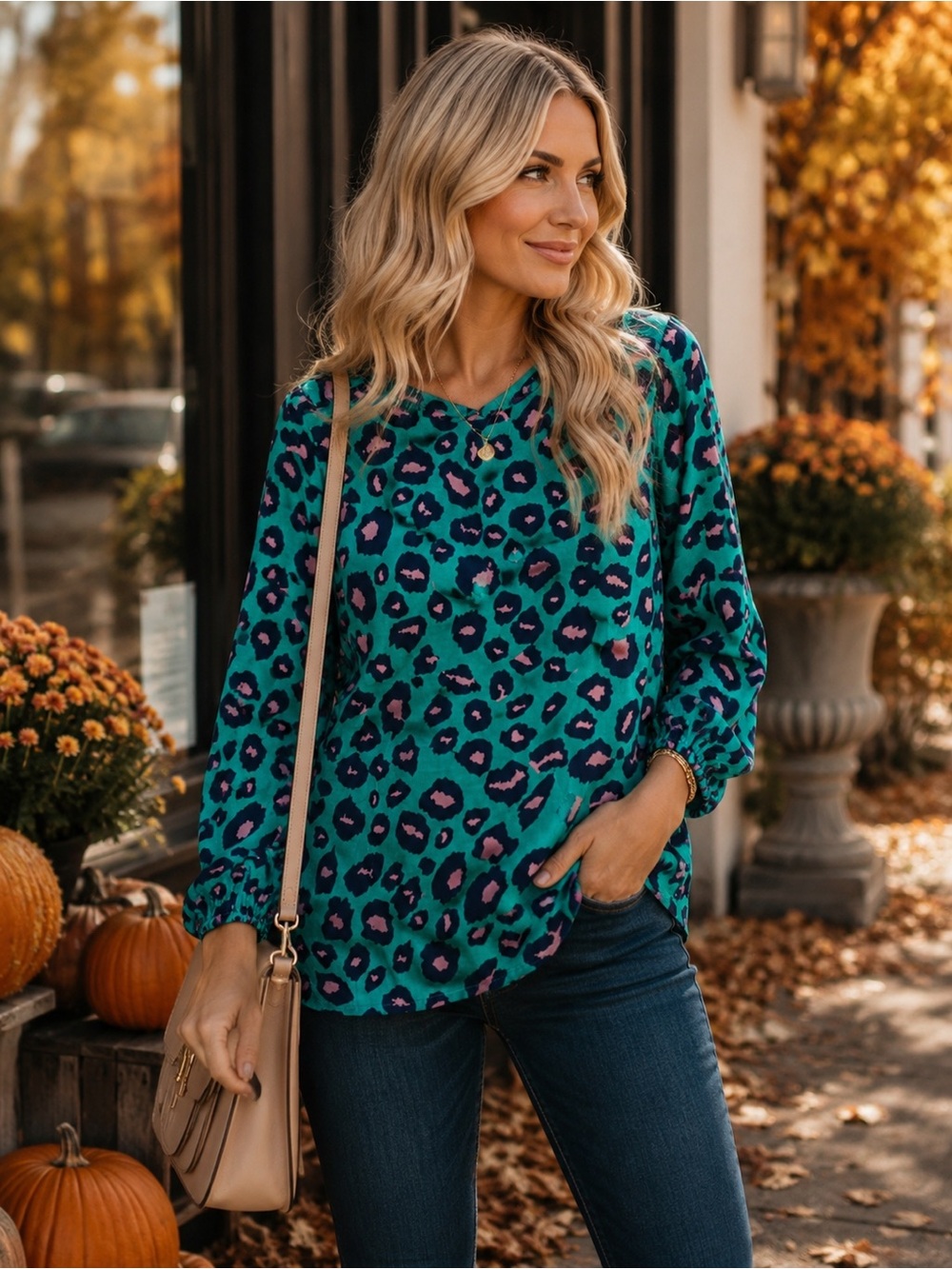 Tracy Negoshian Turquoise Leopard Print Blouse ✨ Luxe City Chic Statement Top